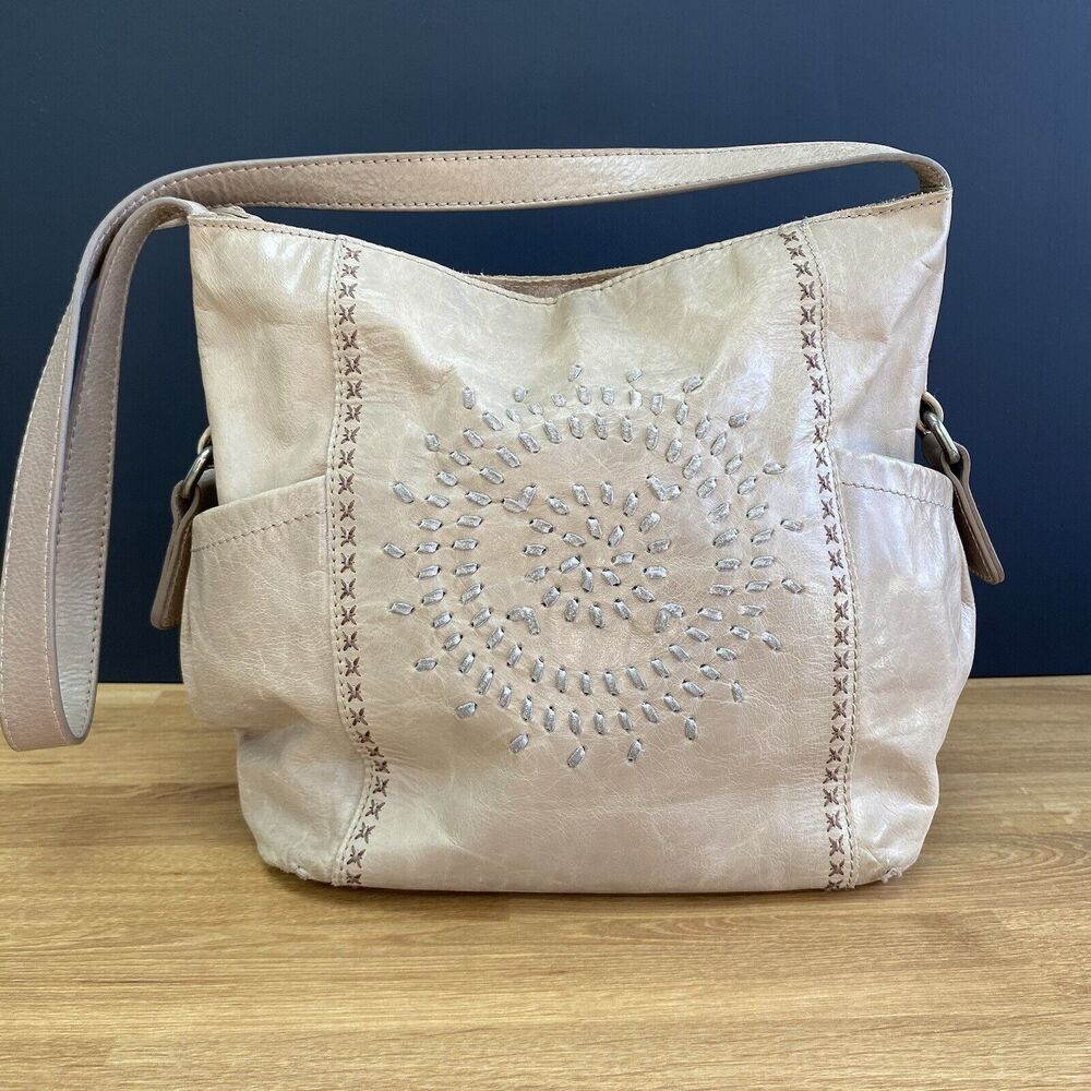 Women SAK -Tan Leather Handbag Satchel Purse Woven Handle Outside zip Medium
